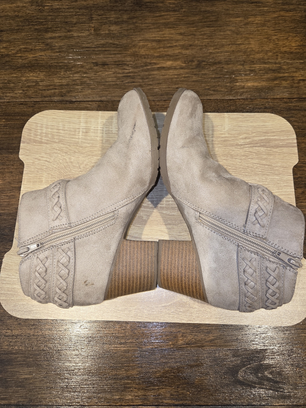 Indigo Road Taupe Braided Suede Ankle Booties with Stacked Heel - Picture 6 of 9